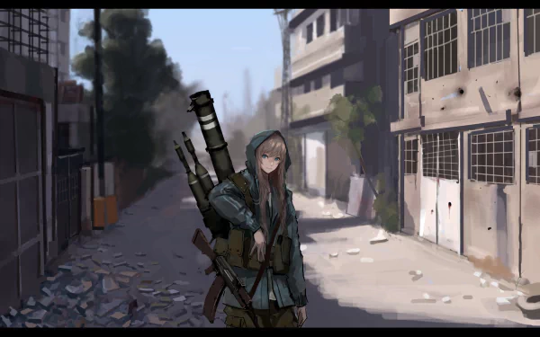 HD PC desktop wallpaper and background — anime military scene: hooded female soldier carrying a rocket launcher and rifle stands in a rubble-strewn, sunlit ruined urban street.
