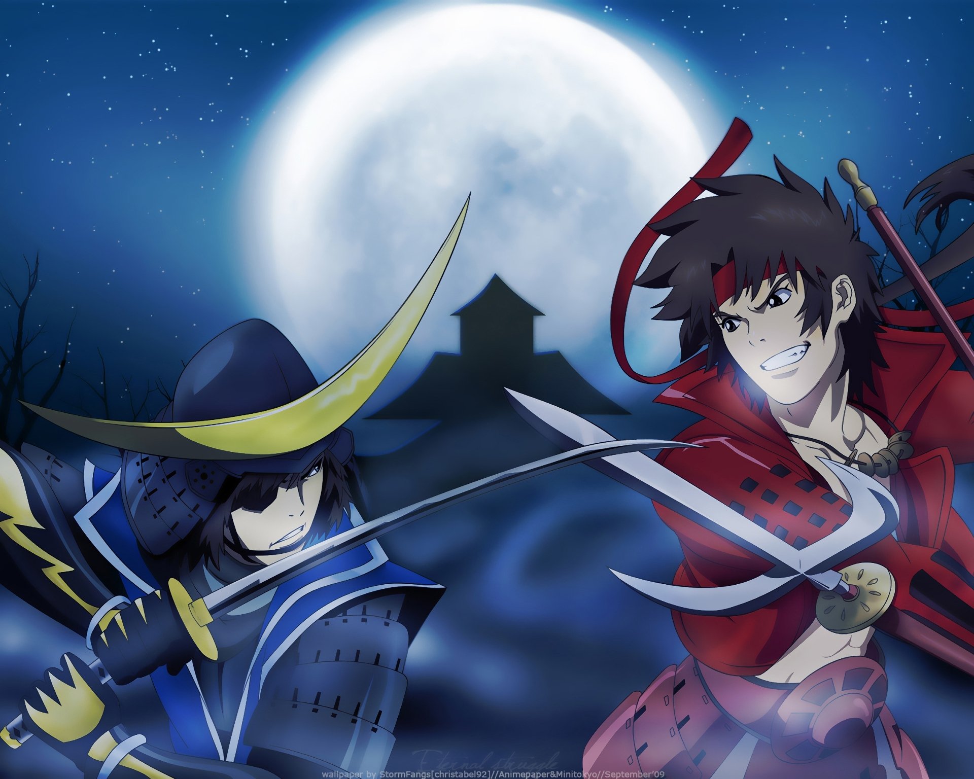 Anime Sengoku Basara HD PC wallpaper: two samurai — a blue-armored masked warrior with crescent helmet and a grinning red-clad swordsman — clash swords beneath a full moon.