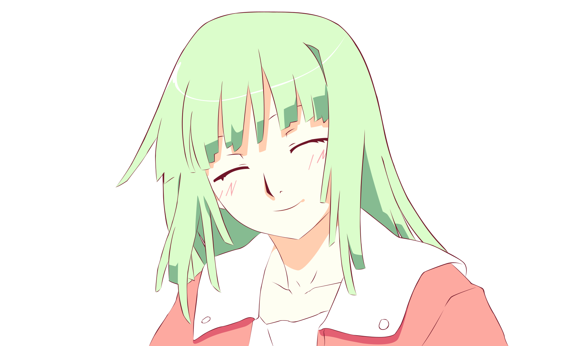4K Ultra HD Monogatari-series anime wallpaper: smiling mint-green-haired girl in a pink jacket with eyes closed, soft expression — PC desktop background.