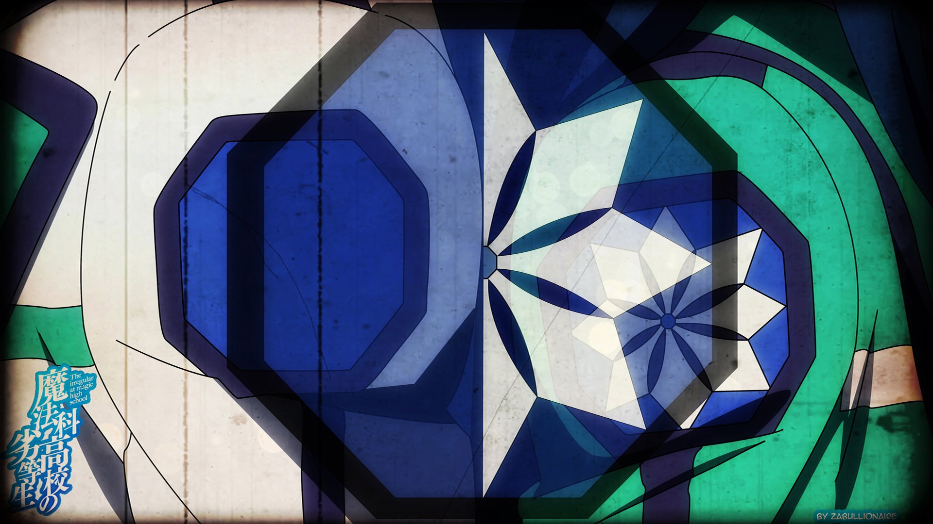 HD PC desktop wallpaper showing an abstract blue-green geometric emblem from the anime The Irregular at Magic High School.
