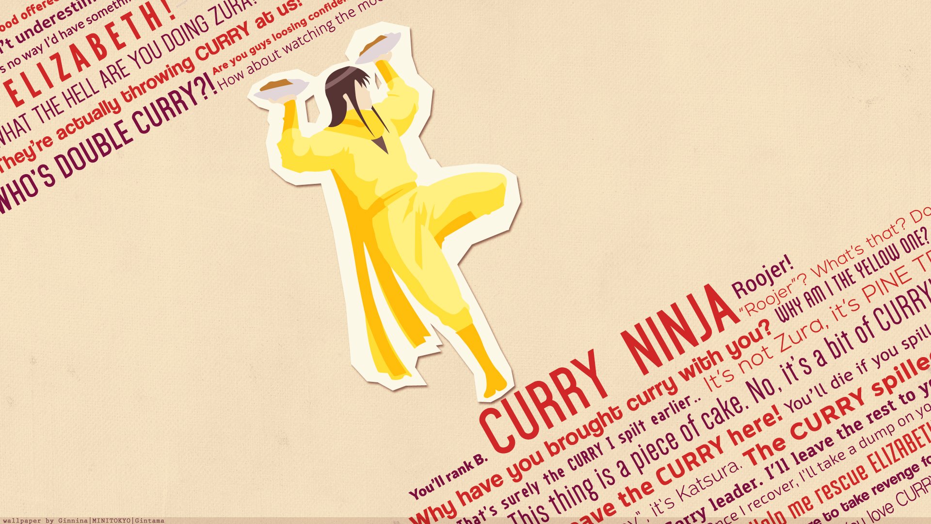 Anime Gintama HD PC desktop wallpaper: stylized yellow-clad Curry Ninja leaping against a beige background with bold red typographic accents.