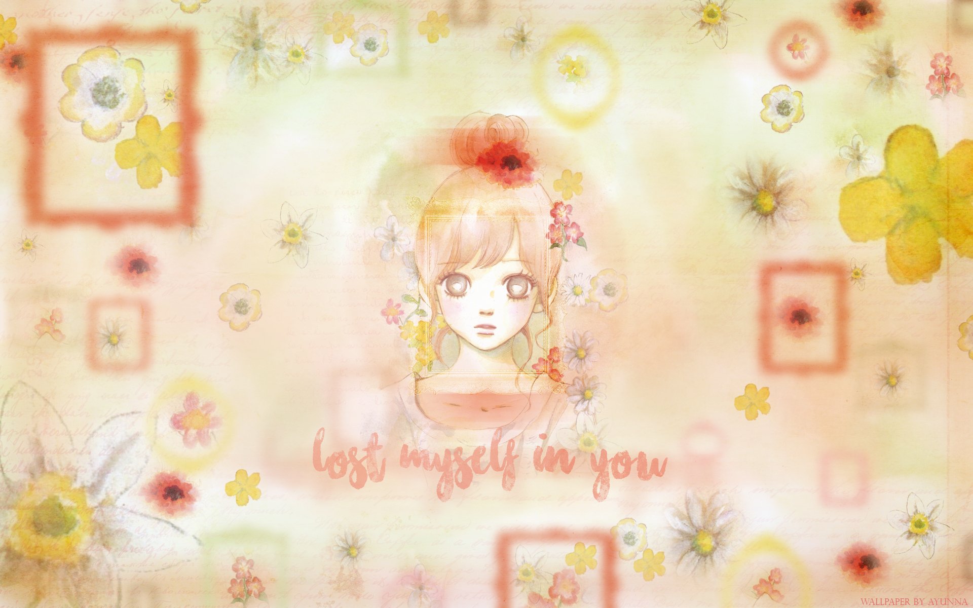 HD anime desktop wallpaper featuring Nanami Takahashi from We Were There, surrounded by soft pastel flowers and the phrase lost myself in you in a dreamy, warm design.