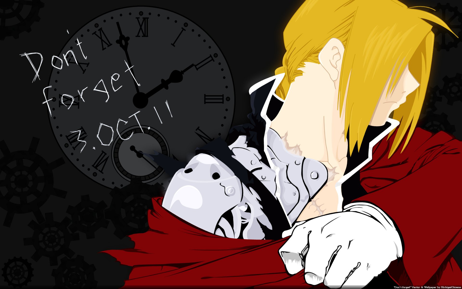 HD anime desktop wallpaper featuring Edward Elric from Fullmetal Alchemist with a dark clock background and the text Don't forget 3 OCT!! displayed.