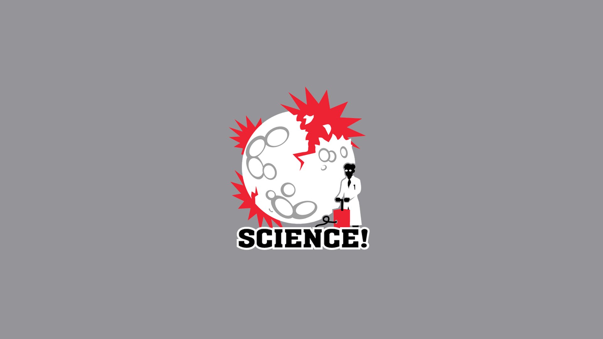 HD PC desktop wallpaper and background: funny science ninja cartoon in a lab coat holding a beaker beside an exploding experiment, bold SCIENCE! on a gray field.