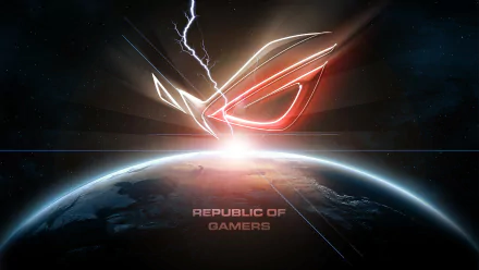 HD PC desktop wallpaper featuring the glowing Republic of Gamers logo by Asus ROG above Earth, with dynamic lightning effects highlighting advanced technology.