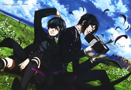 A vibrant 4K Ultra HD wallpaper featuring Sebastian Michaelis and Ciel Phantomhive from the anime Black Butler, set against a lush green landscape with a dramatic sky.