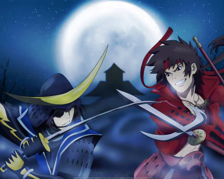 Anime Sengoku Basara HD PC wallpaper: two samurai — a blue-armored masked warrior with crescent helmet and a grinning red-clad swordsman — clash swords beneath a full moon.