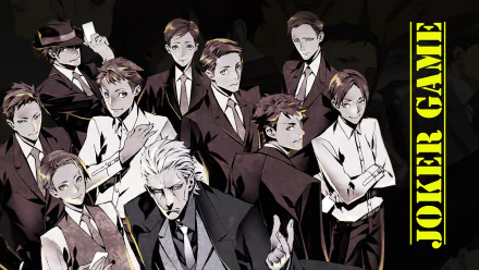 HD anime desktop wallpaper featuring the main cast of Joker Game, showcasing sharp suits and intense expressions against a dark background with the title in bold yellow.