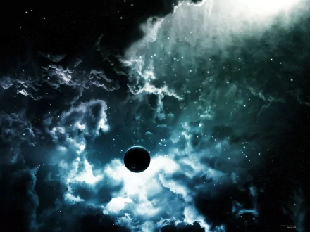 A captivating HD sci-fi desktop wallpaper featuring a celestial scene with a dark planet amid glowing clouds and stars in a mysterious space setting.