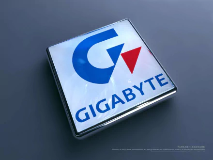 HD PC desktop wallpaper showing a glossy Gigabyte logo badge on a metallic surface, a technology-themed computer background.