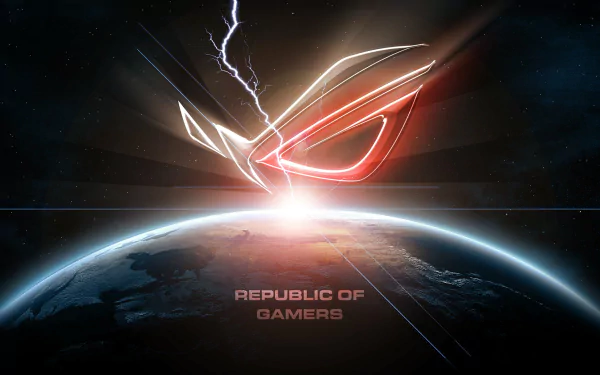 HD PC desktop wallpaper featuring the glowing Republic of Gamers logo by Asus ROG above Earth, with dynamic lightning effects highlighting advanced technology.