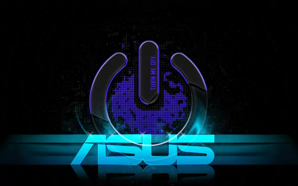 HD PC desktop wallpaper featuring a glowing blue power button with a digital pattern and the ASUS logo, highlighting computer technology.