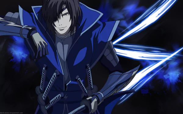 HD anime-style Sengoku Basara desktop wallpaper featuring a dark-haired character in blue armor wielding glowing energy blades against a dark background.