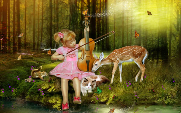 A little girl in a pink dress plays violin in a sunlit forest surrounded by a cat, fawn, deer, rabbits, and butterflies in a fantasy HD desktop wallpaper.