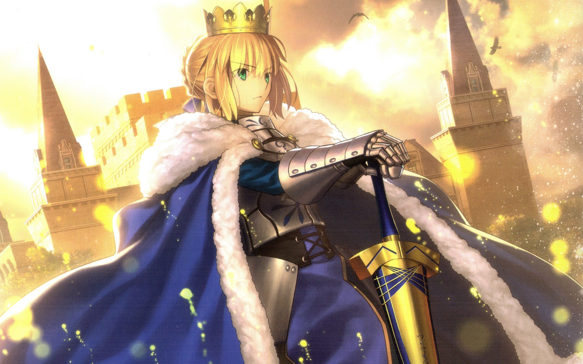 Saber from the Fate series stands confidently in a regal pose, adorned in a crown and a flowing cape, with a sword at her side, against a vibrant fantasy backdrop. Anime-inspired HD wallpaper.