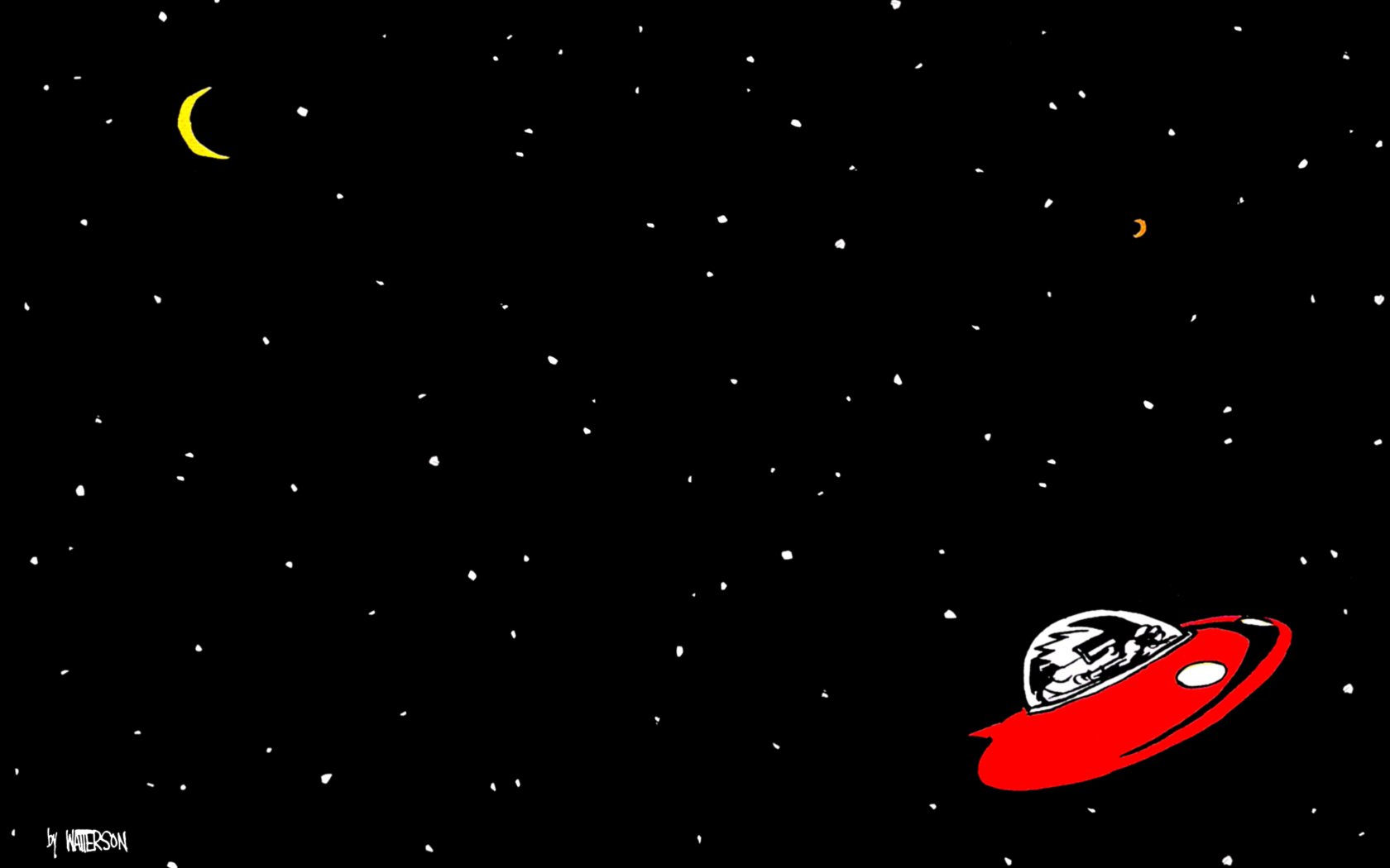 A whimsical Calvin & Hobbes comic illustration featuring a red spaceship soaring through a starry night sky, complete with crescent moons and distant planets, making for a vibrant HD desktop wallpaper.
