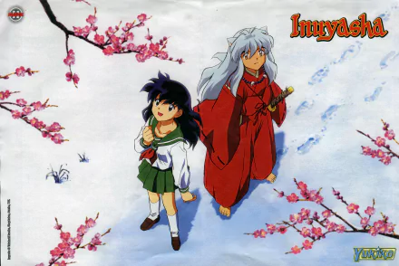A vibrant 4K Ultra HD wallpaper featuring InuYasha and Kagome walking together through a snowy landscape adorned with cherry blossoms, showcasing classic anime charm.