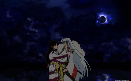 InuYasha and Kagome share an intimate moment against a dramatic night sky in this HD anime wallpaper, capturing the essence of the beloved characters from the series.