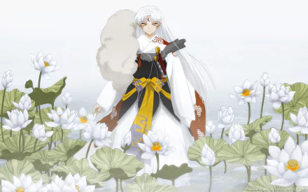 InuYasha stands amidst white lotus flowers, exuding a serene presence in this HD anime wallpaper. His distinctive silver hair and traditional attire capture the essence of the character.