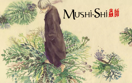 HD PC desktop wallpaper featuring Ginko from the anime Mushishi, surrounded by illustrated green plants and the Mushishi logo in black and red.