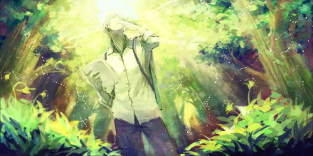 HD anime wallpaper featuring Ginko from Mushishi, bathed in soft sunlight within a lush, vibrant forest setting, blending nature and ethereal elements beautifully.