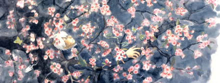 HD anime wallpaper featuring Ginko from Mushishi surrounded by blooming cherry blossoms, blending nature and mystical elements in a serene, detailed background.