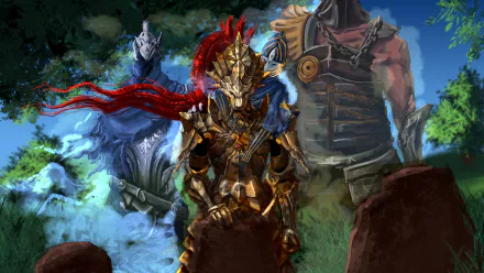 A dynamic HD wallpaper featuring Hawkeye Gough, Dragonslayer Ornstein, and Artorias from Dark Souls, set against a mystical background that captures the game's iconic atmosphere.