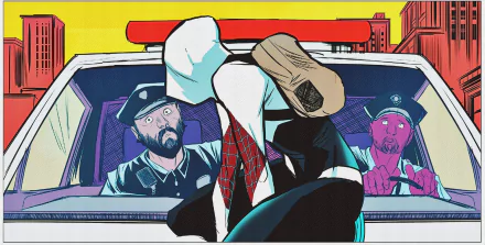 An HD wallpaper featuring Spider-Woman, Gwen Stacy, captured in a dynamic comic style, showcasing her in action, surrounded by police officers in a vibrant urban setting.