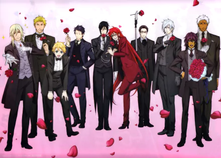 HD PC desktop wallpaper featuring the main cast of the anime Black Butler, all dressed in formal suits with rose petals falling against a soft pink background.