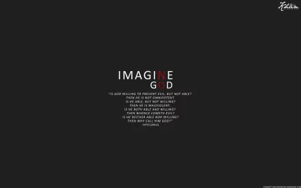 HD desktop wallpaper with a minimalist design. The text IMAGINE G D against a dark background is accompanied by an anti-religious quote questioning the existence of God.