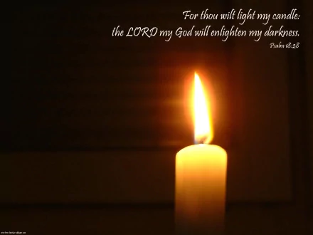 A serene HD wallpaper featuring a glowing candle against a dark background, accompanied by the quote, the LORD my God will enlighten my darkness from Psalm 18:28.
