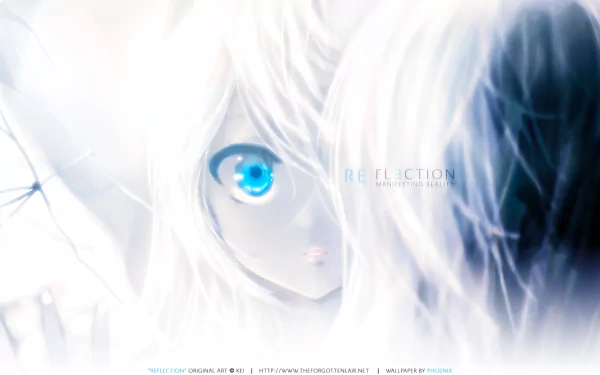 HD PC desktop wallpaper featuring an original white anime character with striking blue eyes and ethereal white tones, conveying a reflective and dreamy atmosphere.