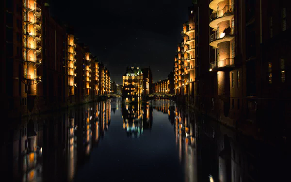Germany Hamburg building light reflection night man made canal HD Desktop Wallpaper | Background Image