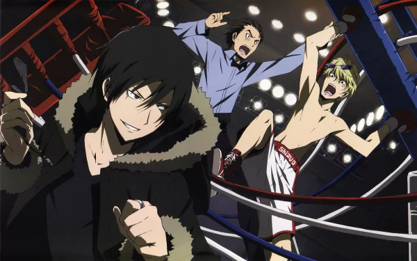 HD PC desktop wallpaper of Durarara!! anime: Izaya smirking in a boxing ring as shirtless Shizuo rages and a third character reacts behind the ropes.