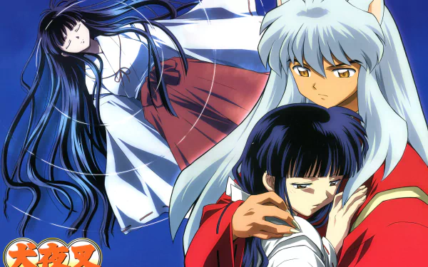 InuYasha and Kagome embrace, surrounded by a mystical backdrop featuring a ghostly figure. This vibrant HD anime wallpaper captures iconic moments from InuYasha.