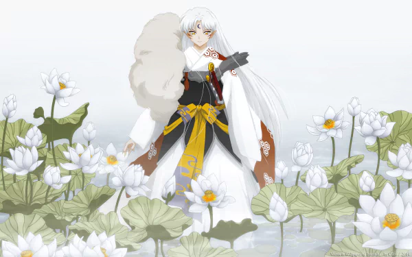 InuYasha stands amidst white lotus flowers, exuding a serene presence in this HD anime wallpaper. His distinctive silver hair and traditional attire capture the essence of the character.