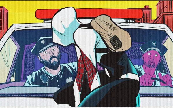 An HD wallpaper featuring Spider-Woman, Gwen Stacy, captured in a dynamic comic style, showcasing her in action, surrounded by police officers in a vibrant urban setting.