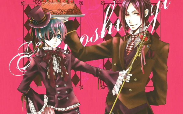 Anime-style Black Butler characters posed against a vibrant pink background, designed as a 4K Ultra HD PC desktop wallpaper and background.