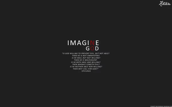 HD desktop wallpaper with a minimalist design. The text IMAGINE G D against a dark background is accompanied by an anti-religious quote questioning the existence of God.