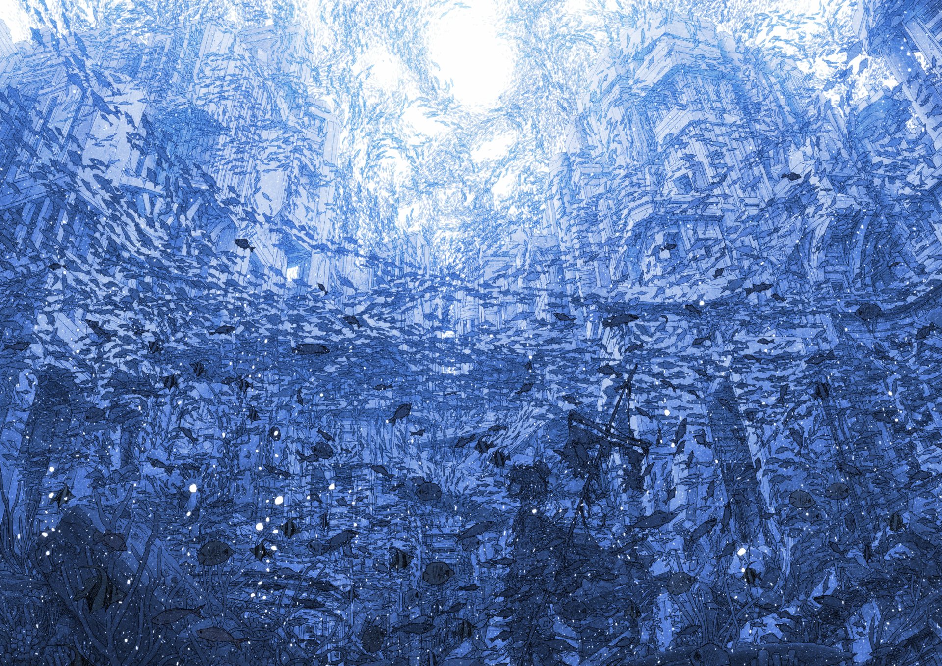 HD anime-style underwater scene with shimmering light and water textures, designed as a PC desktop wallpaper and background.