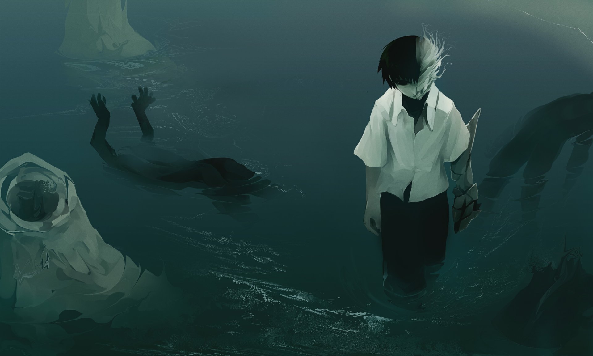 Anime original HD desktop wallpaper featuring a dark, surreal scene with a figure standing near mysterious underwater arms reaching out from the murky depths.
