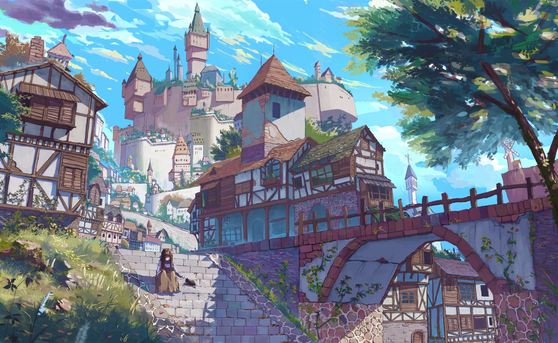 A vibrant anime-inspired landscape featuring charming medieval buildings, a stone bridge, and a distant castle under a bright blue sky, designed as a high-definition PC desktop wallpaper.