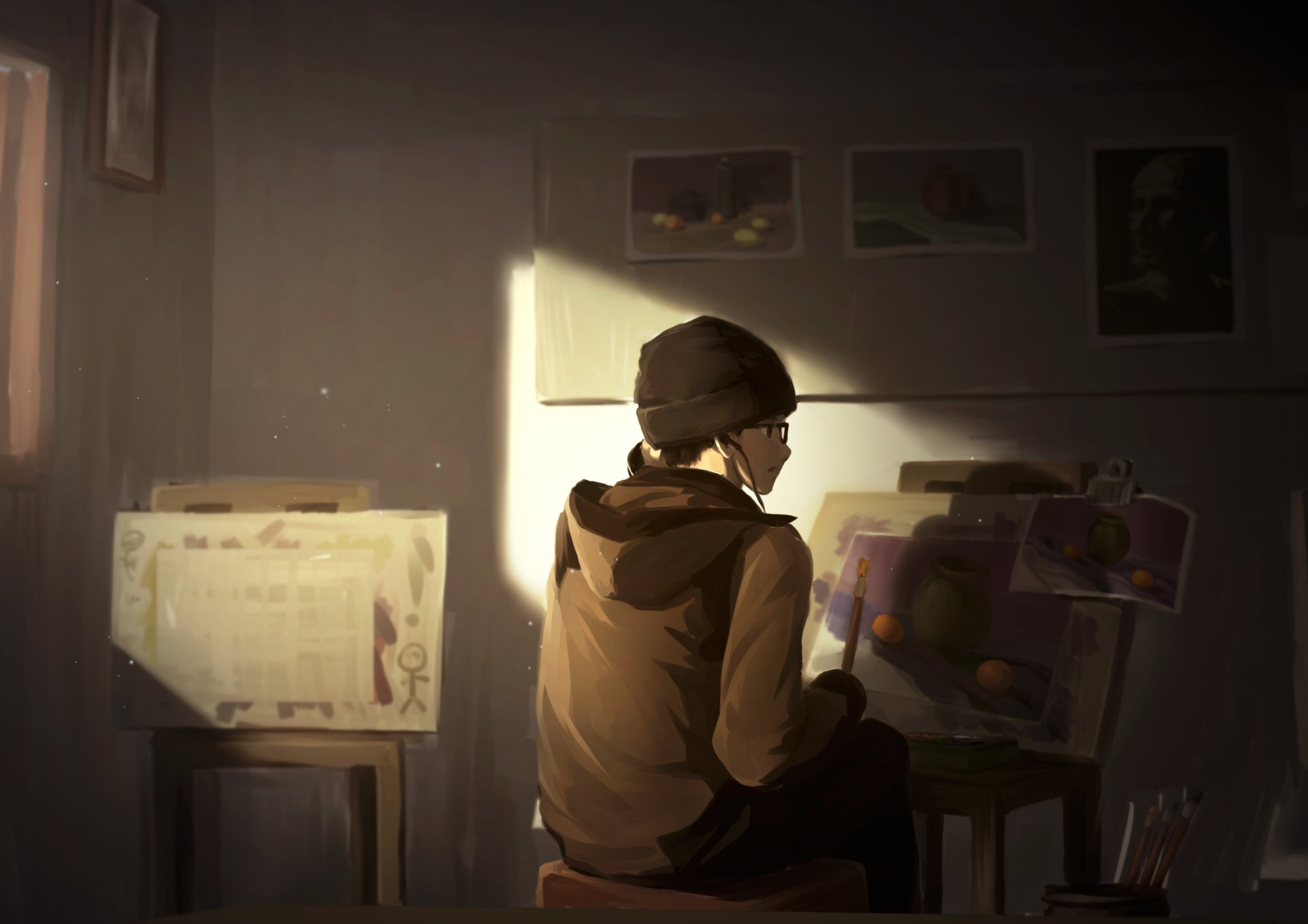 HD anime original artwork of a person in a beanie sitting in a dimly lit room, surrounded by papers and soft sunlight, designed as a PC desktop wallpaper.