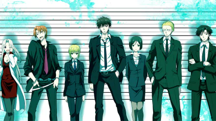 Anime crossover featuring characters from Psycho-Pass and Fate/Zero, including Kayneth El-Melloi Archibald, Kiritsugu Emiya, and Saber, arranged in a lineup against a vibrant backdrop.