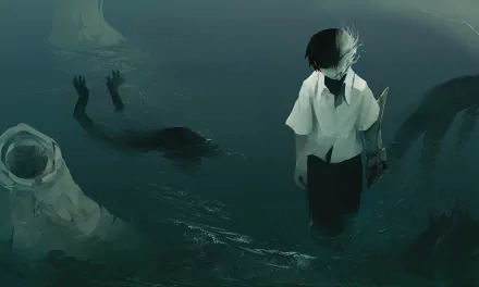 Anime original HD desktop wallpaper featuring a dark, surreal scene with a figure standing near mysterious underwater arms reaching out from the murky depths.