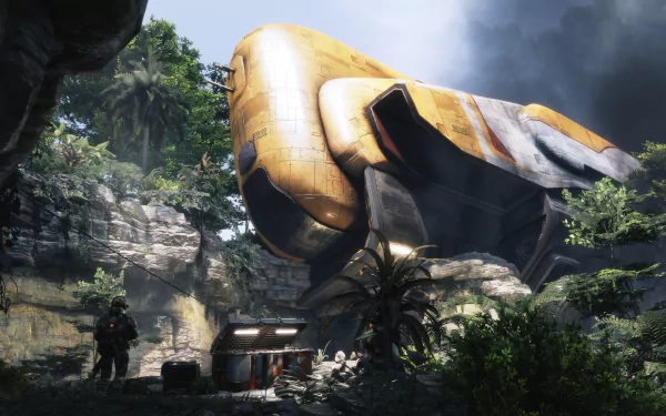 A stunning 4K Ultra HD artwork from Titanfall 2, featuring a futuristic aircraft nestled in a lush, rugged landscape with a soldier exploring the vibrant environment.