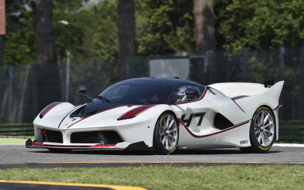 White Ferrari FXX K vehicle on a racetrack, captured in crisp detail as a 4K Ultra HD PC desktop wallpaper and background, with red and black accents and aggressive aerodynamics.