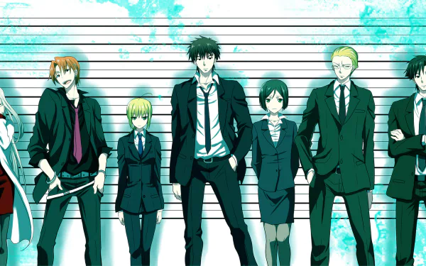 Anime crossover featuring characters from Psycho-Pass and Fate/Zero, including Kayneth El-Melloi Archibald, Kiritsugu Emiya, and Saber, arranged in a lineup against a vibrant backdrop.