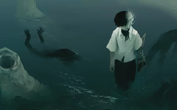 Anime original HD desktop wallpaper featuring a dark, surreal scene with a figure standing near mysterious underwater arms reaching out from the murky depths.