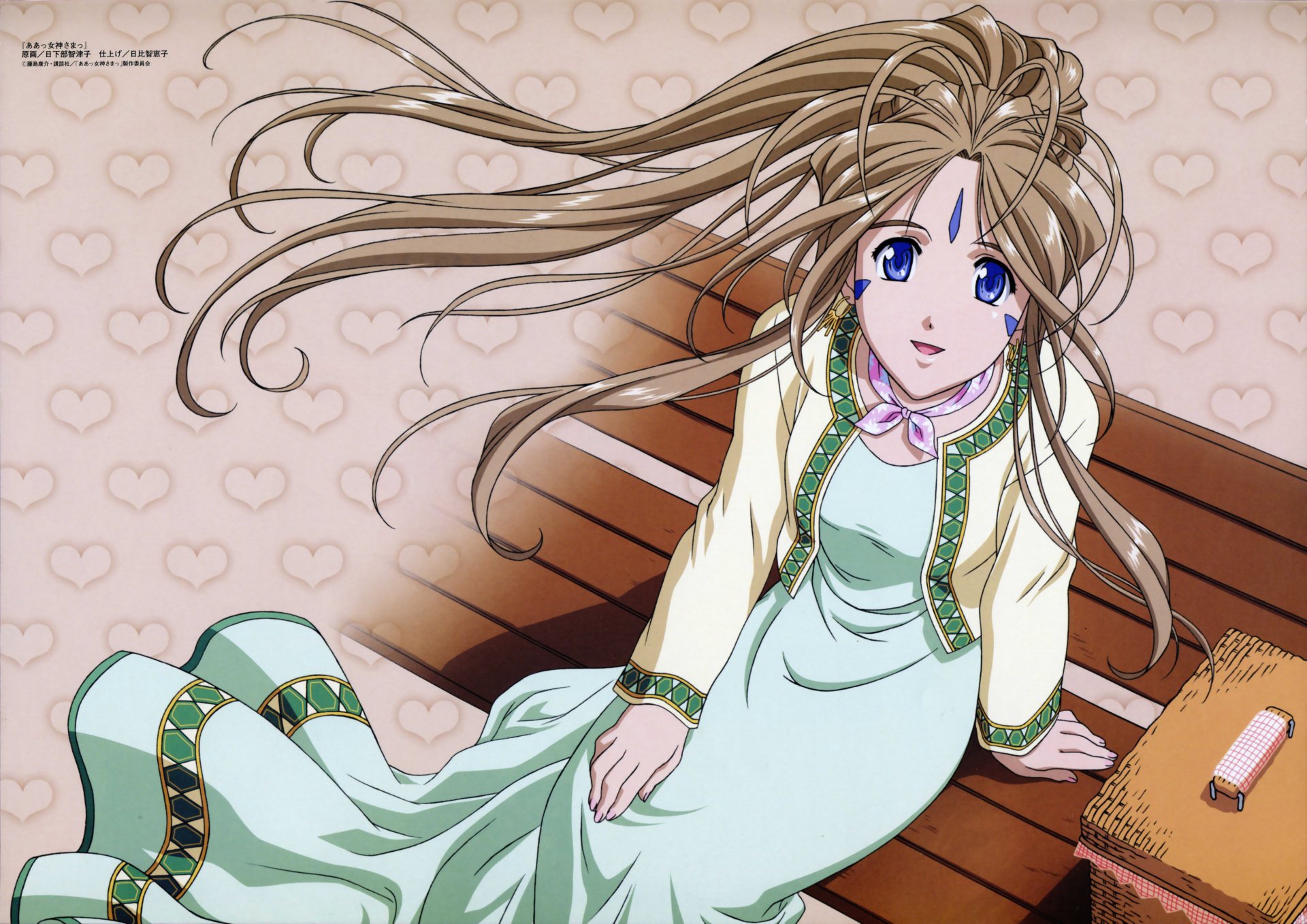 4K Ultra HD anime wallpaper featuring a character from Ah! My Goddess with flowing hair, sitting on a wooden bench against a heart-patterned background.